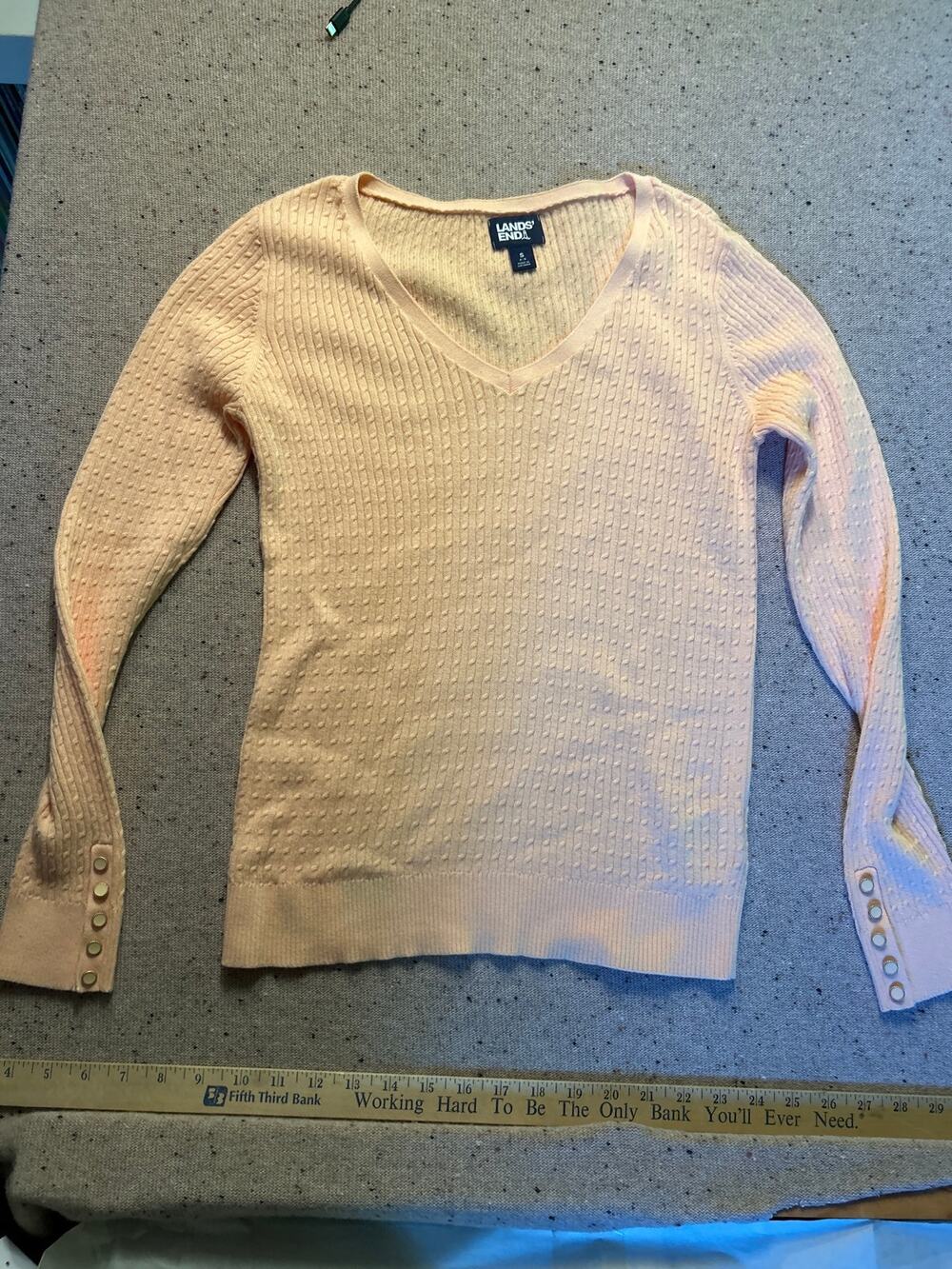 Lands End Cable Knit Cotton V Neck Sweater Womens Peach Small